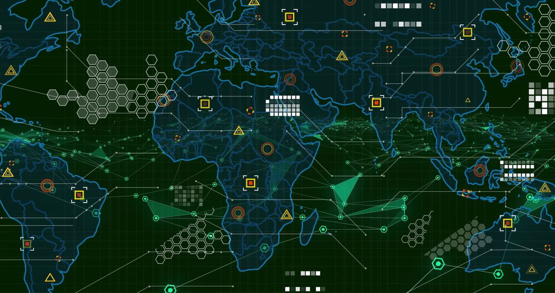 Global Cybersecurity Data Map with Technology Icons