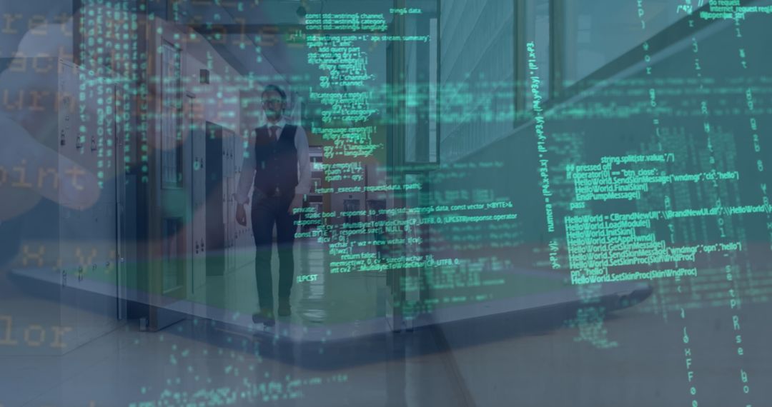 Digital Data Overlay on Businessman Walking