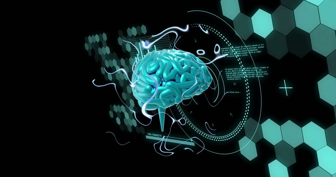 Futuristic Brain with Digital Interface and Hexagonal Elements