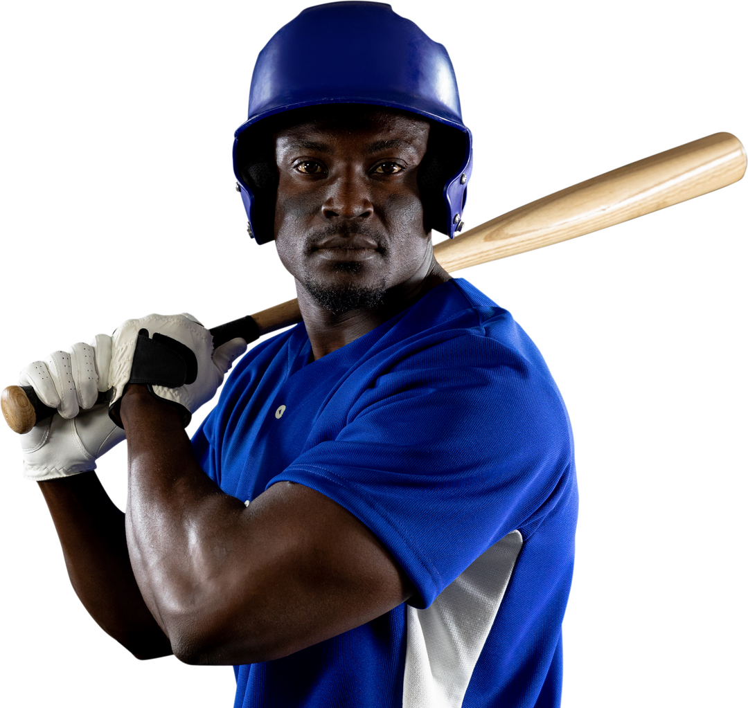 African American baseball player in blue uniform posing with bat transparent background - Download Free Stock Images Pikwizard.com