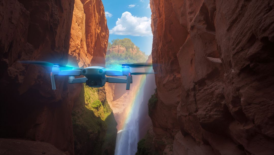 Hovering drone with front camera and blue LEDs in narrow red canyon over waterfall rainbow