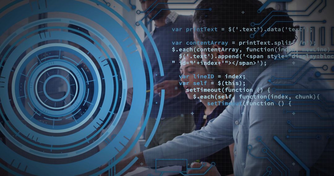 Team Collaborating at High-Tech Workstation with Futuristic HUD and Code Overlay