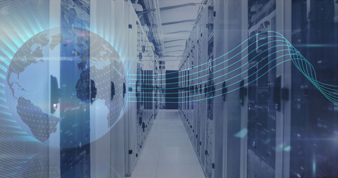 Global Data Network Overlaid on Modern Server Room