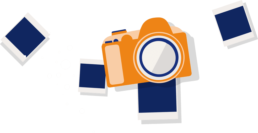 Transparent Floating Orange Camera with Prints Flat Style