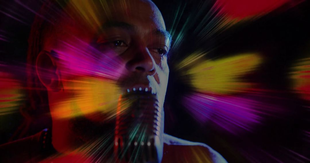 Vibrant Musical Performance with Retro Microphone and Colored Lights