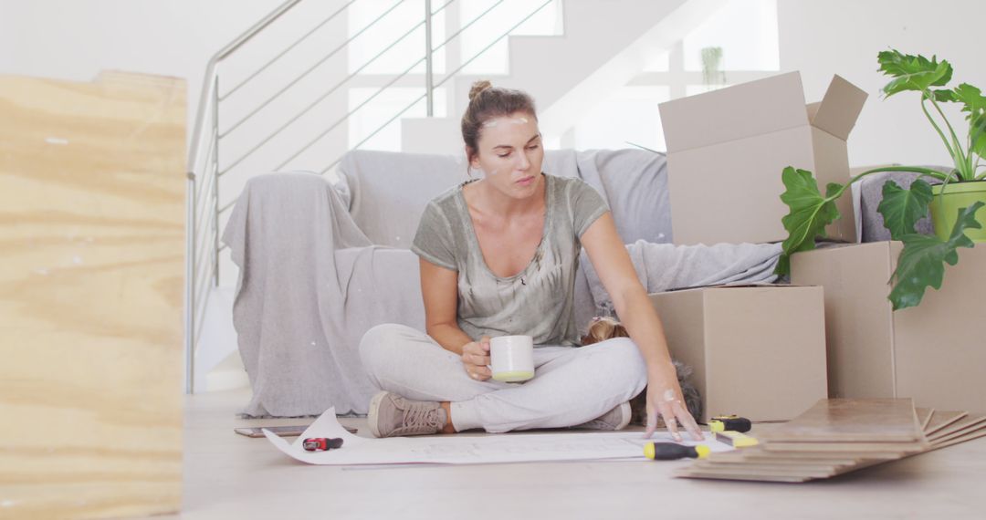 Woman Planning Home Renovation Sitting On Floor With Moving Boxes And Tools - Free Images, Stock Photos and Pictures on Pikwizard.com