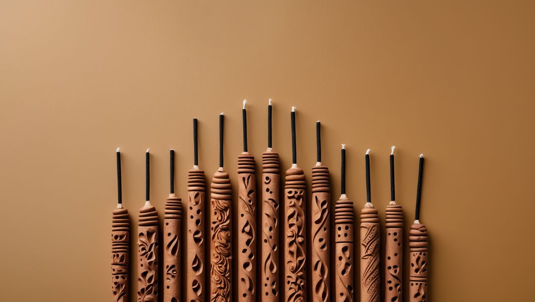 Hand-carved sandalwood decorative candles with intricate patterns on tabletop