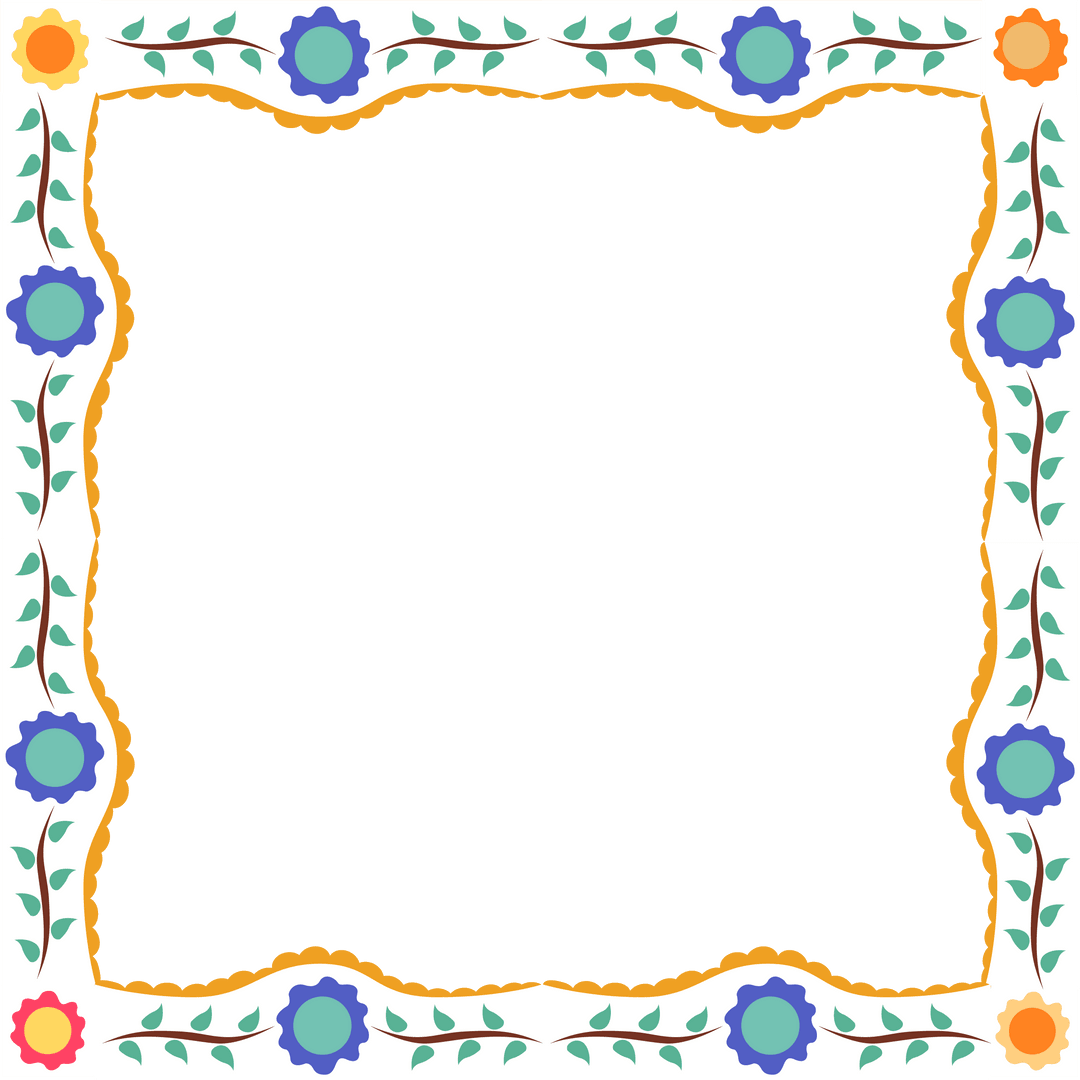 Colorful Botanical Frame with Floral and Gold Scalloped Edge