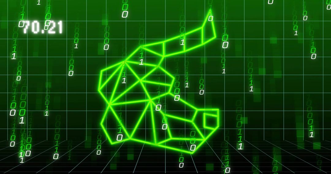 Floating Neon Green Low-Poly Holographic Polygon Over Virtual Grid with Falling Binary