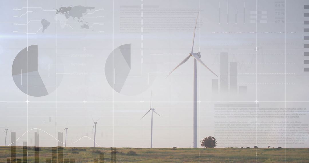 Wind Turbines on Grassland with Digital Data Overlay