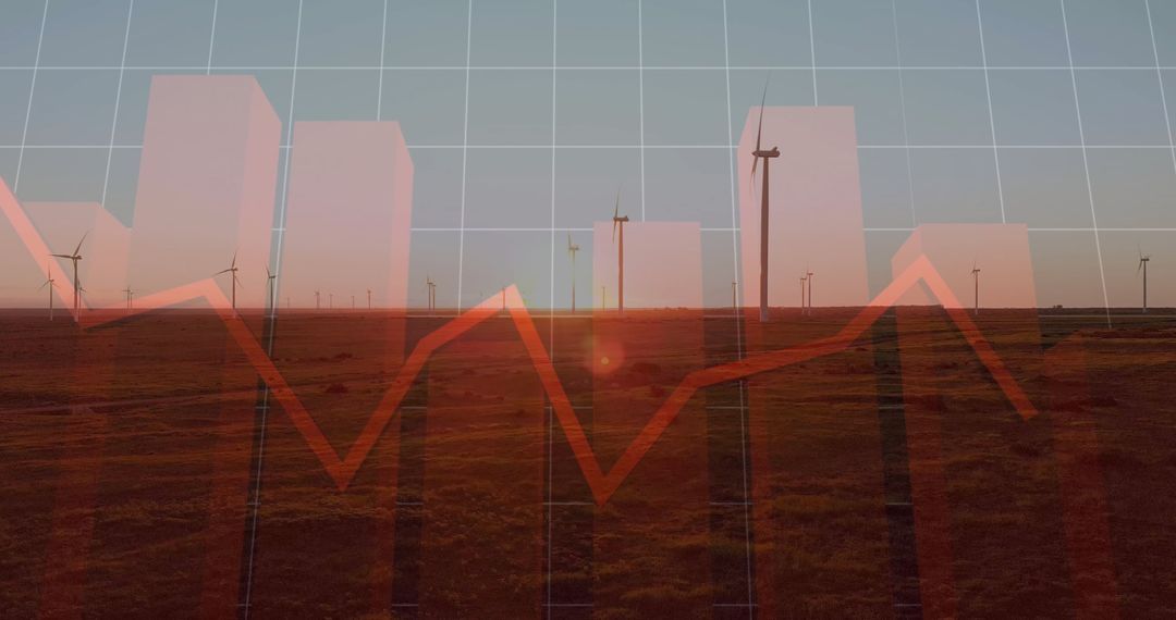 Wind Turbines and Sunset with Data Overlay Illustrating Environmental Analytics