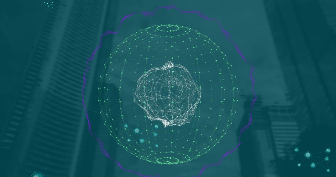 Futuristic Digital Globe with Network Connections Over Cityscape