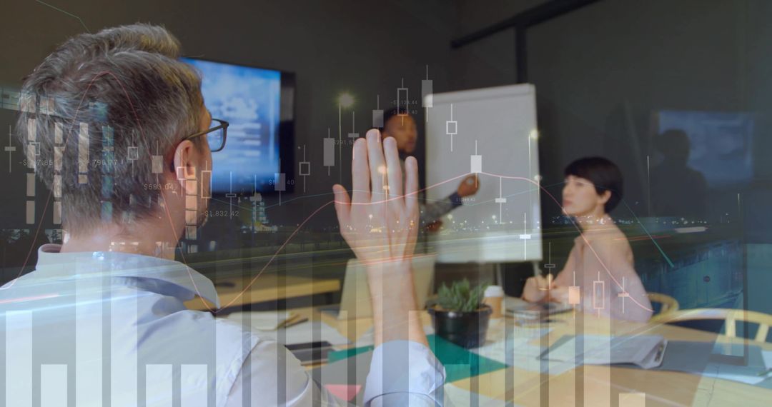 Business Meeting with Financial Chart Overlay for Innovative Collaboration