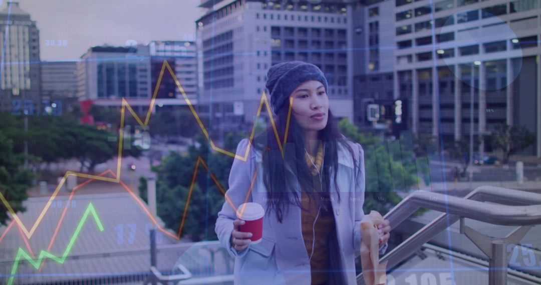 Woman Commuting in Urban Financial District with Stock Charts