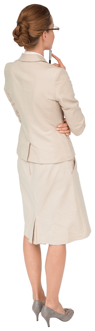 Caucasian Businesswoman Standing Thoughtfully on Transparent Background