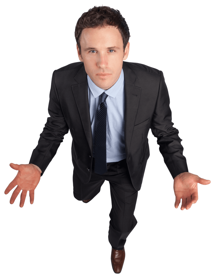 Confused Businessman Gesturing With Arms Out Spacious Background