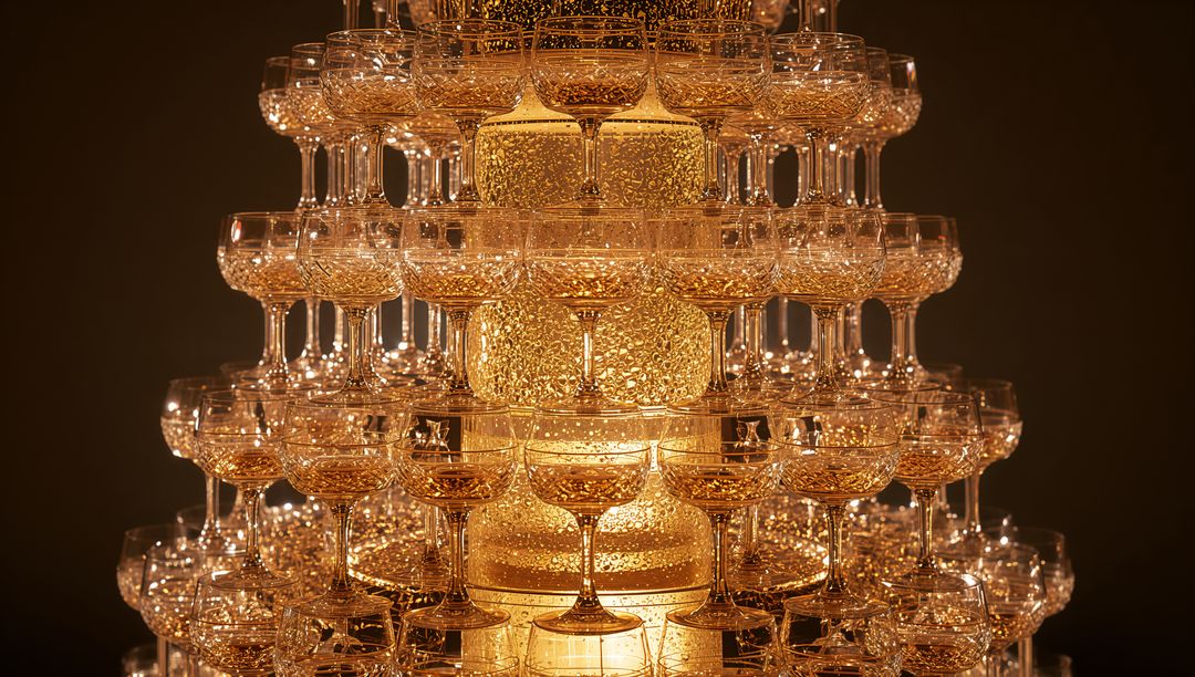 Tiered champagne coupe pyramid glowing with golden bubbles and sparkling condensation