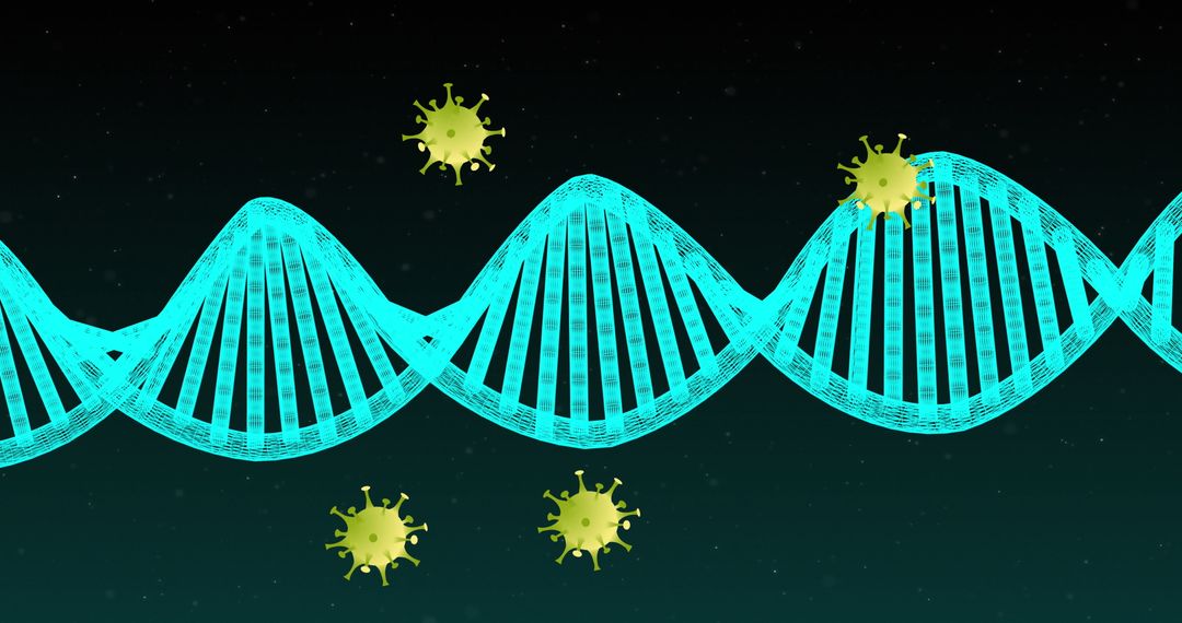 Futuristic DNA Strand with Virus Cell Icons on Digital Background