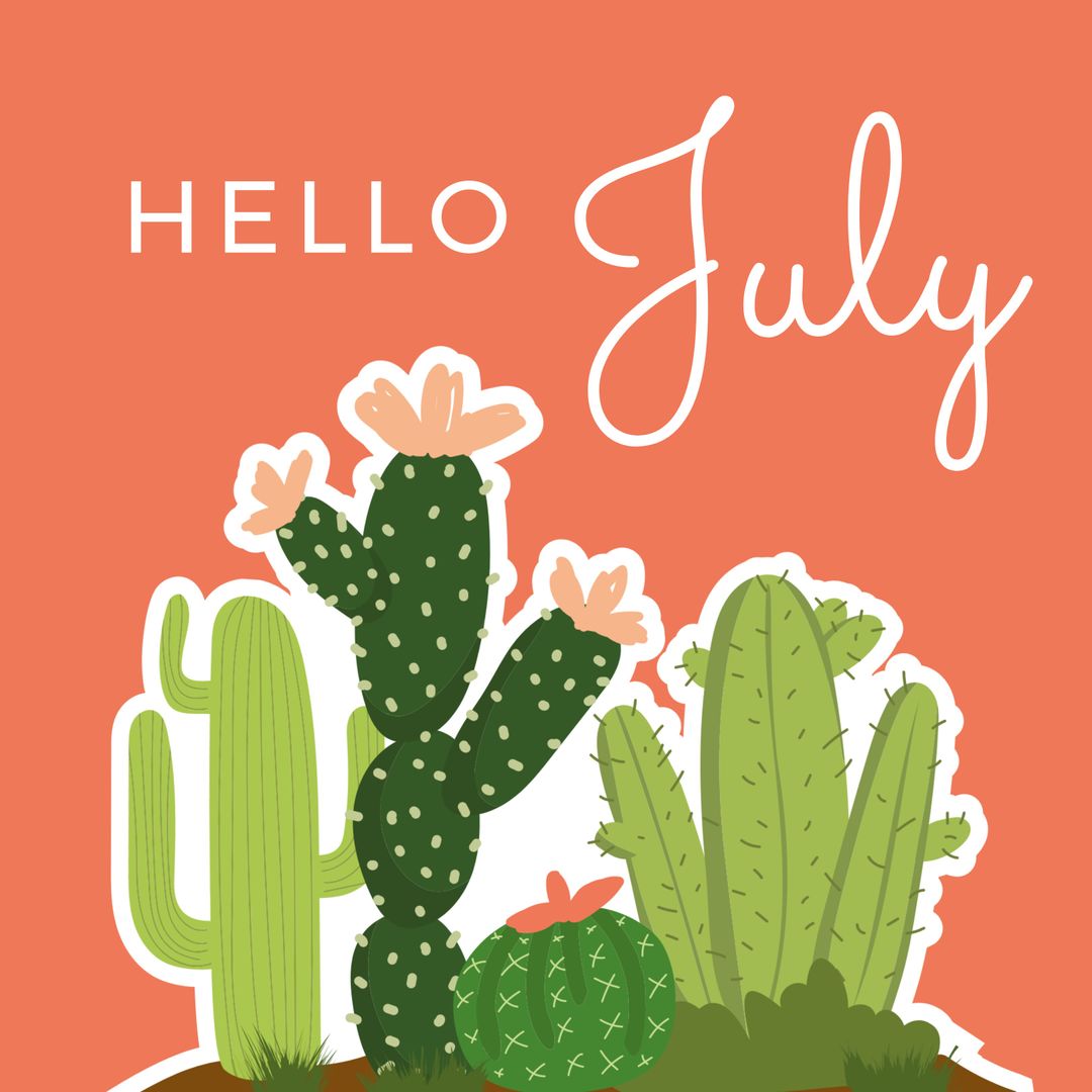 Hello July Banner with Cactus Illustration on Coral Background
