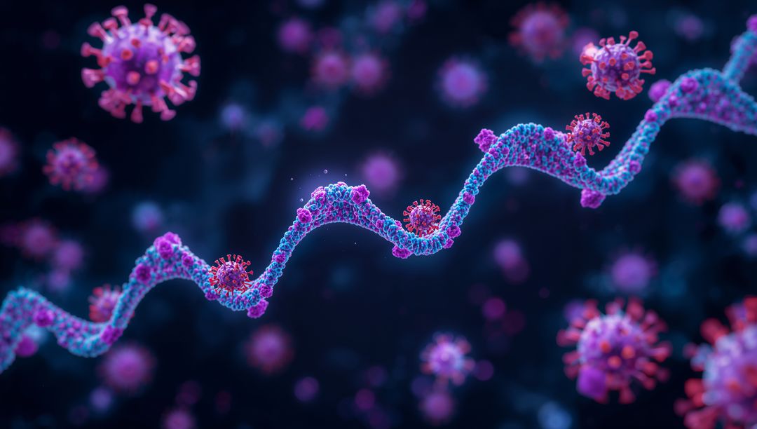 Helical RNA Strand with Viral Particles Representing Virology Concepts