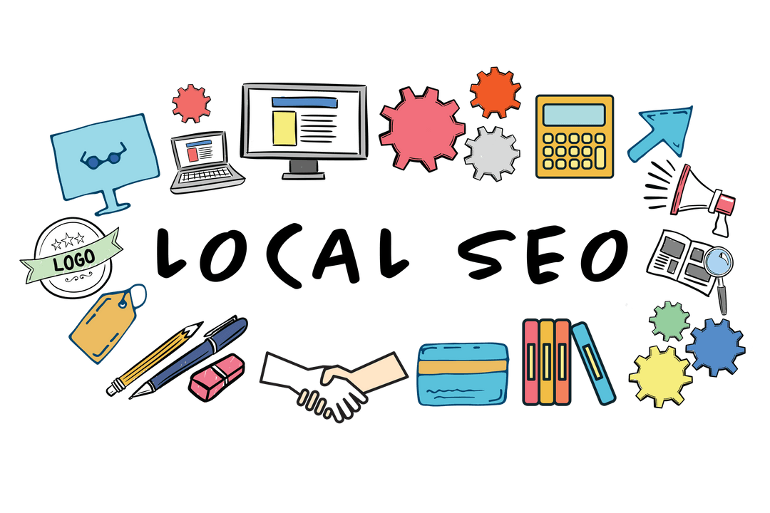 Digital SEO Illustration with Various Icons on Transparent Background