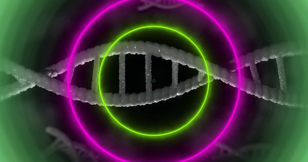 Futuristic DNA Helix with Neon Rings Symbolizing Biotechnology