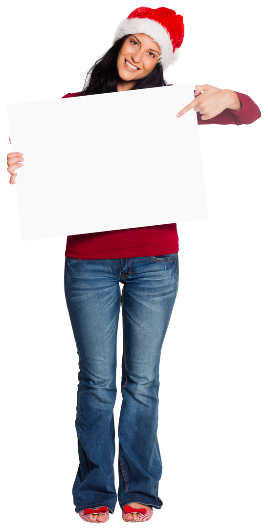 Smiling Woman in Santa Hat Holding Transparent White Sign Board - Download Free Stock Images Pikwizard.com