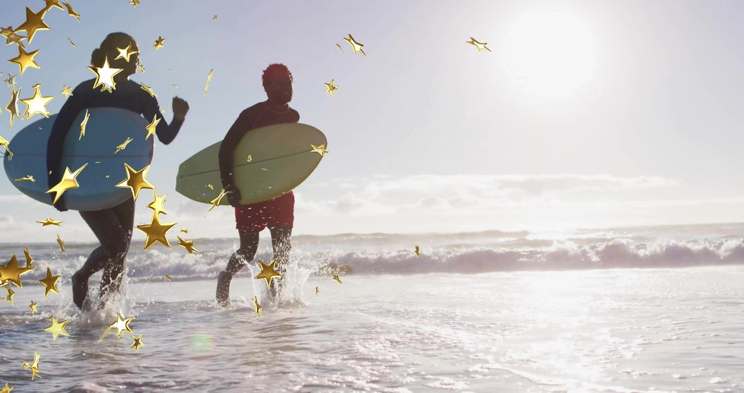 Surf Enthusiasts Running on Sunny Beach with Surfboards
