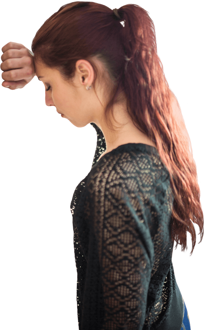 Transparent Side View of Upset Woman Leaning and Reflecting