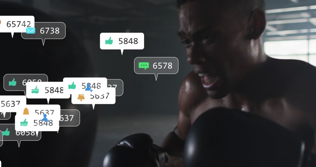 Boxer Training in Gym with Social Media Interaction Concept