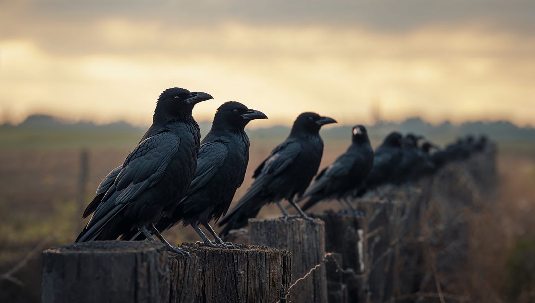 Crows Perching on Weathered Fence at Dusk