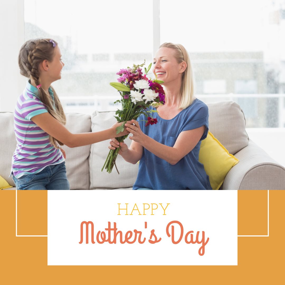 Mother and Daughter Smiling with Flowers on Mother's Day