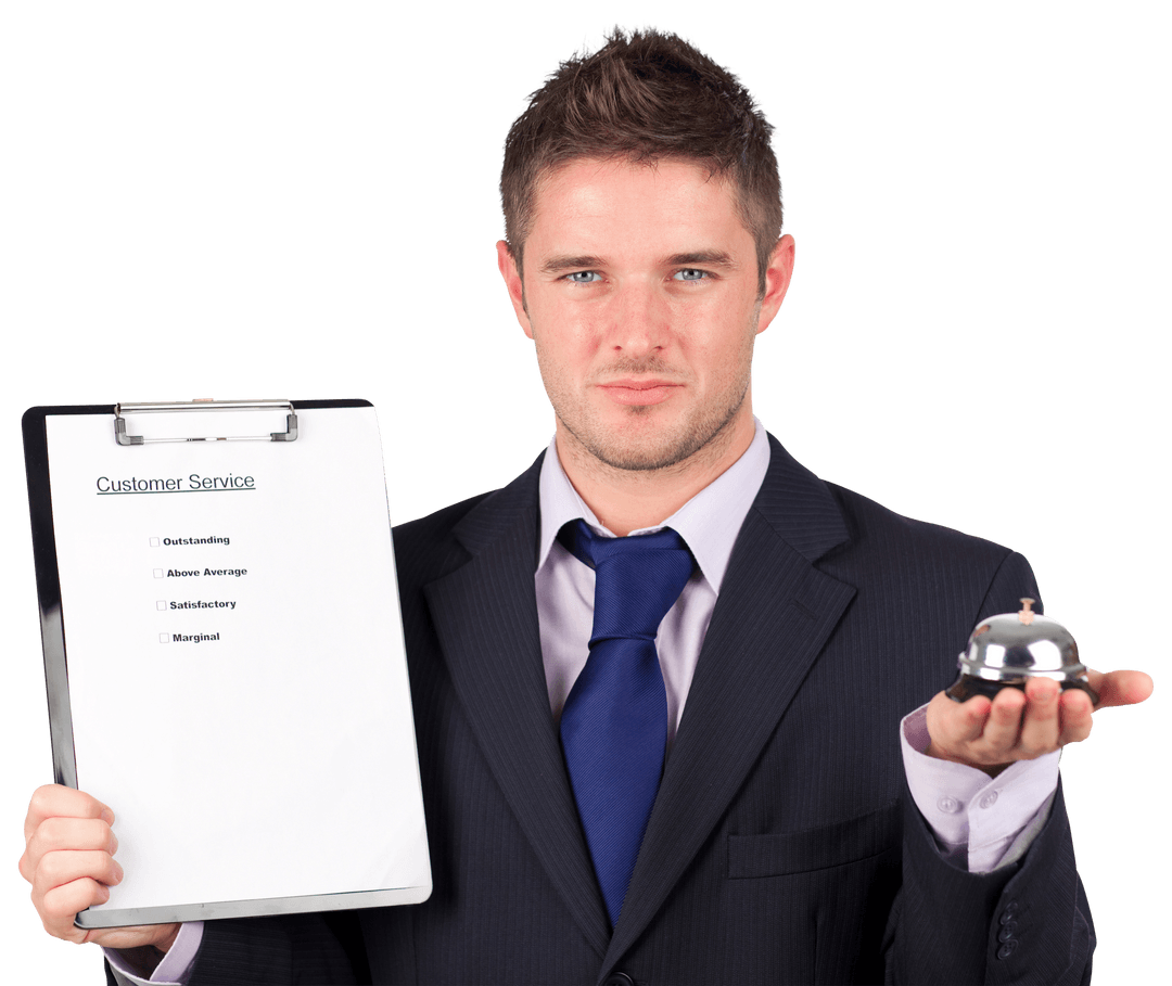 Transparent Businessman Holding Bell Demonstrating Customer Service