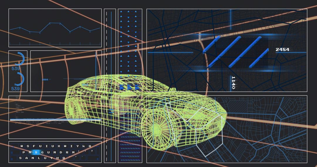 Neon Green Wireframe Car with Futuristic HUD Panels and Telemetry Holography