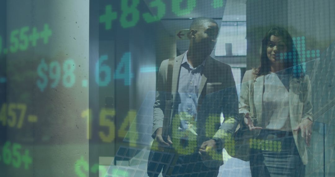 Colleagues Discussing Stock Market with Trading Board Overlay