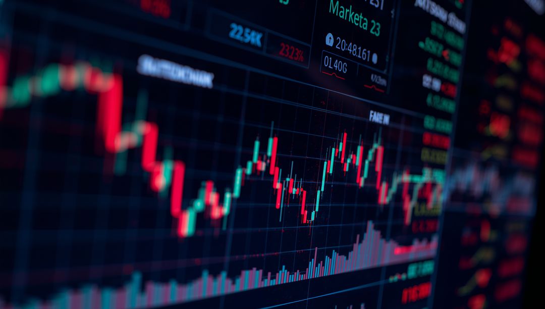 Displaying Candlestick Chart Tracking Market Volatility with Volume Histogram and Tickers