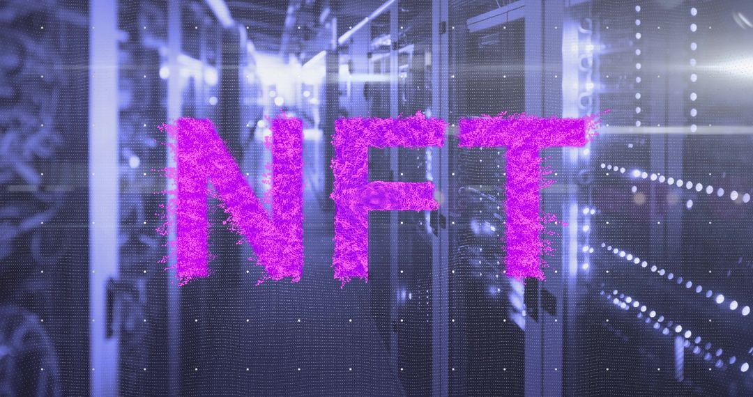 Futuristic NFT Neon Hologram in High-Tech Data Center Corridor