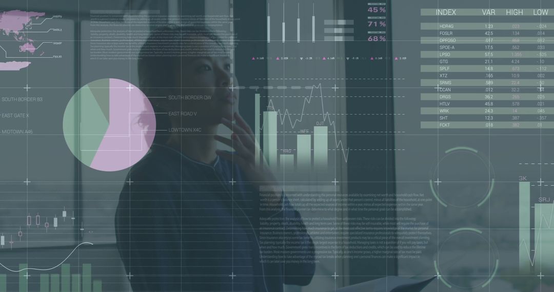 Businesswoman Analyzing Holographic Data Charts in Modern Office Environment