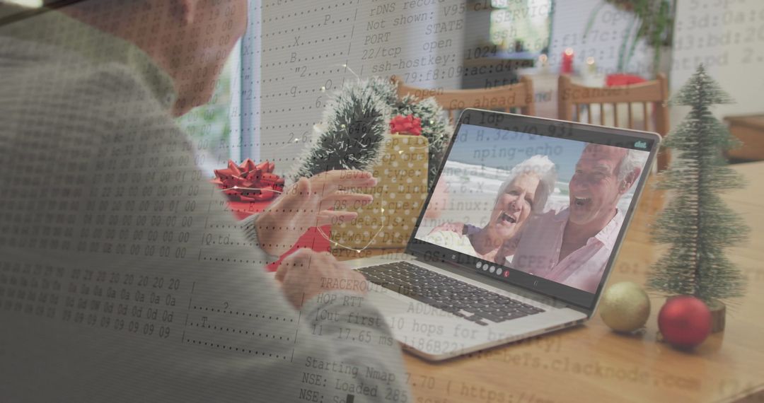 Elderly Man Video Calling with Family during Christmas Celebration