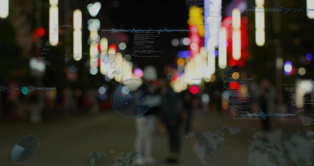 Blurry Figures in Neon-lit Urban Landscape with Digital Overlay