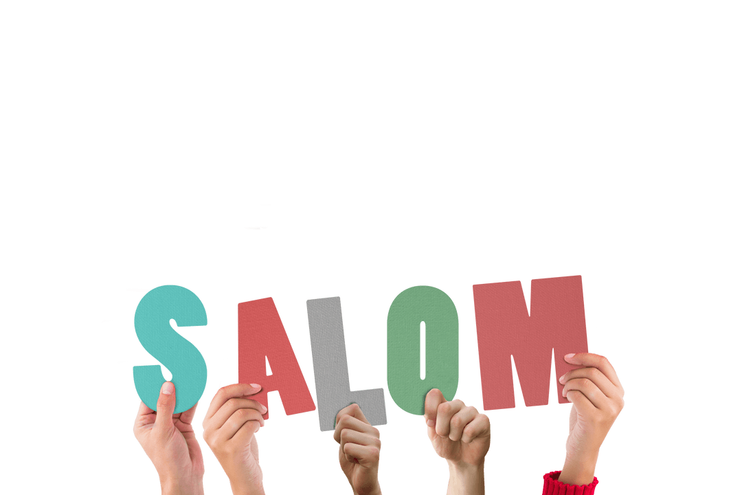 Hands Holding Colorful SALOM Text Letters Transparent Background