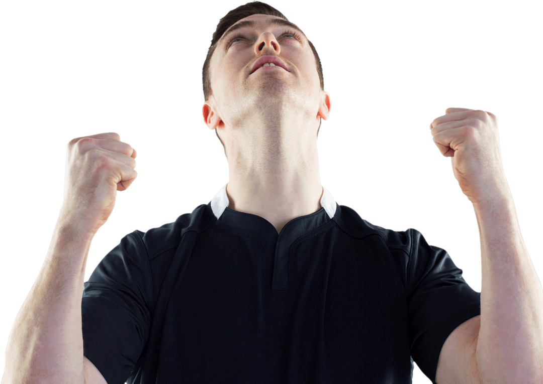 Transparent Rugby Player Celebrates Victory with Upraised Fists