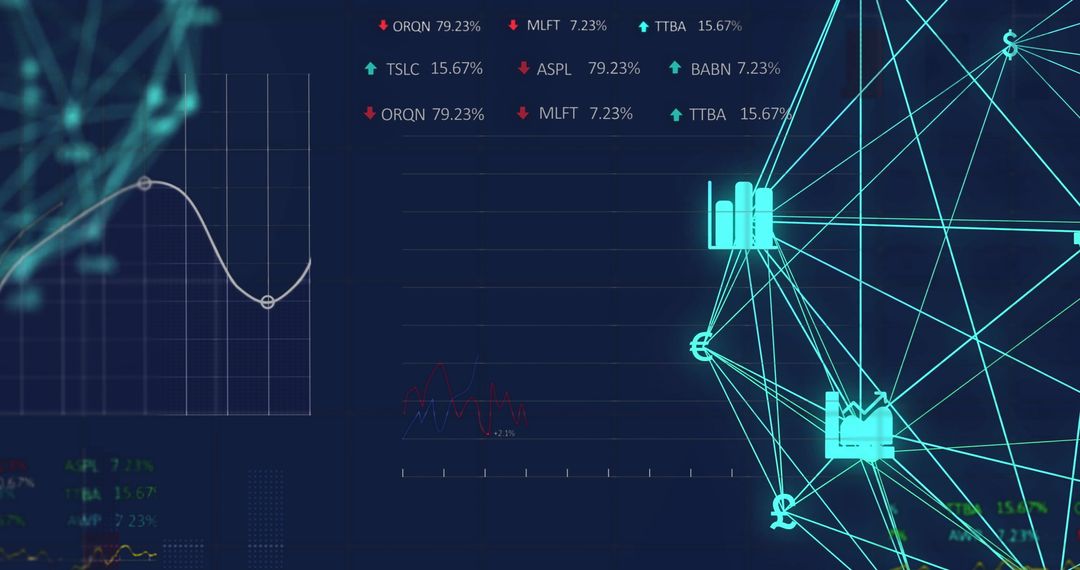 Financial Data Processing Network with Graphs on Black Background