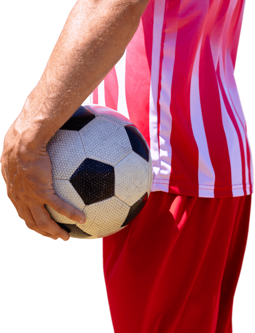 Athlete Holding Soccer Ball on Transparent Background in Red Gear