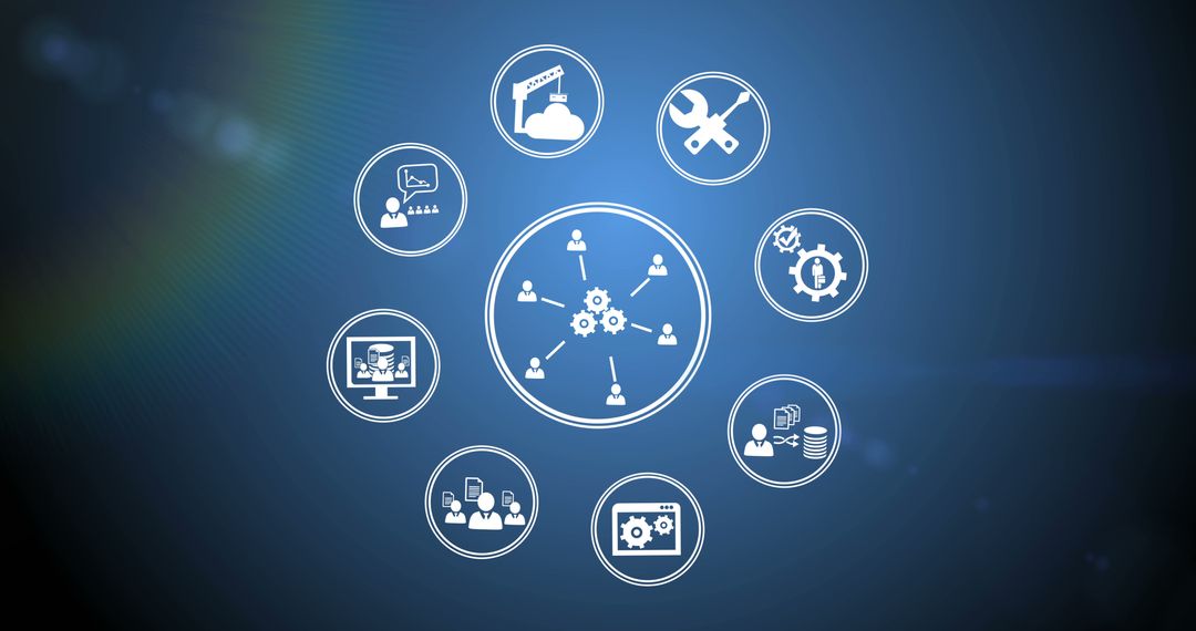 Connected Network Concept with Various Technology Icons on Blue Background - Free Images, Stock Photos and Pictures on Pikwizard.com