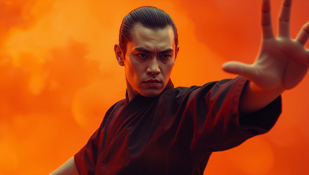 Determined Martial Artist in Powerful Pose on Vibrant Orange