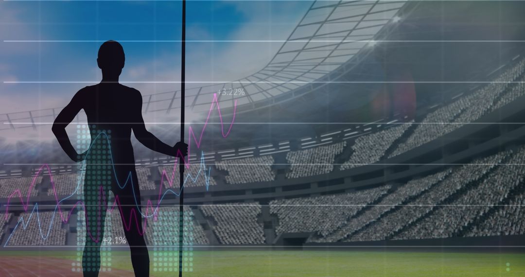 Female Athlete and Javelin over Financial Data in Stadium