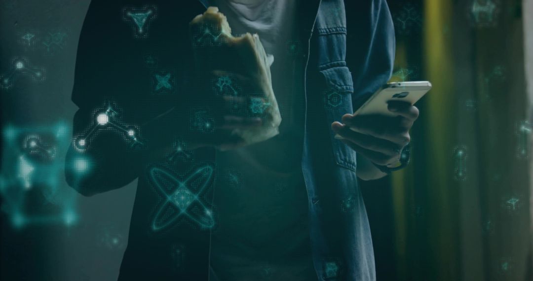 Man in Train with Smartphone and Holographic Technology Display