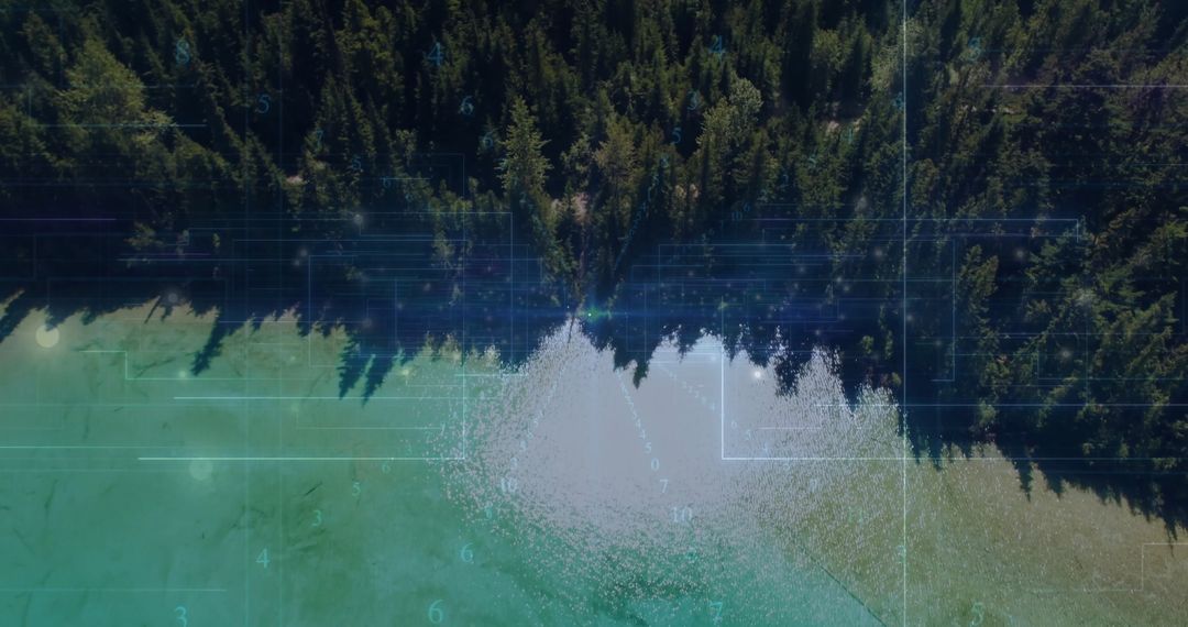 Aerial View of Evergreen Forest and Lake with Digital Code Overlay