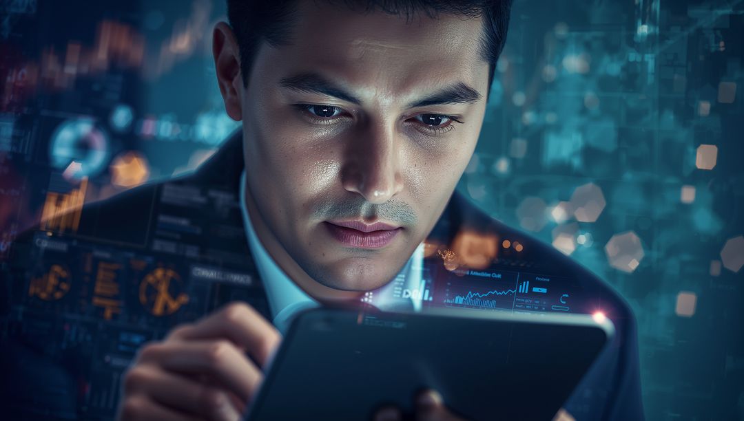 Focused Executive Analyzing Data on Digital Tablet with Holographic Interface Concepts